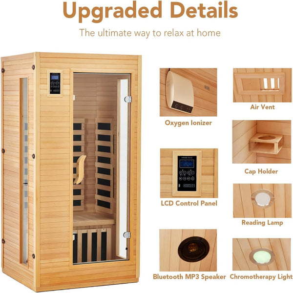 Infrared Sauna Built for Home Wellness, Low EMF Carbon Crystal Panels, Hemlock Wood, Bluetooth Speakers